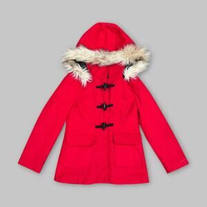 London Fog Red Toggle Coat with Faux Fur Hood – Size M (10–12)